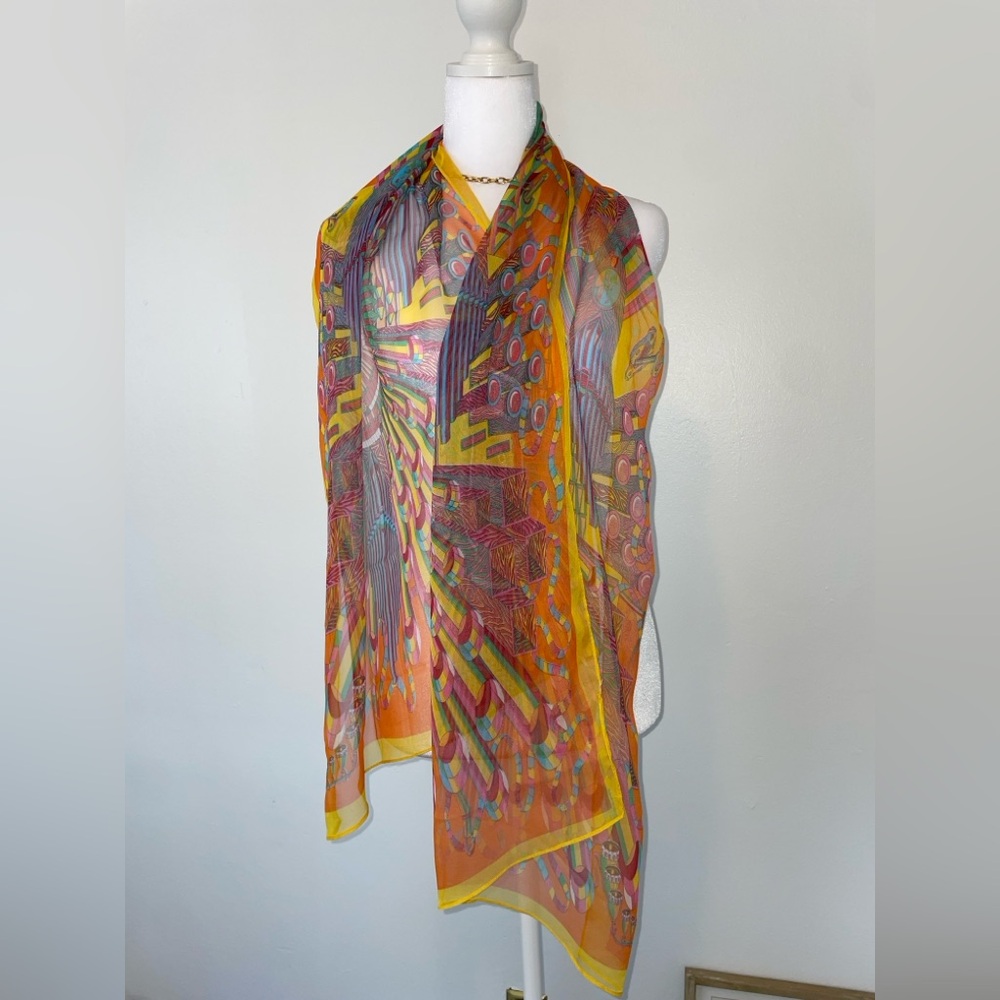Colorful Patterned Long Orange Transparent‎ Spring Silk Modal Scarf 63” x 21”